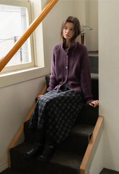 Color Button High Neck Ribbed Cardigan