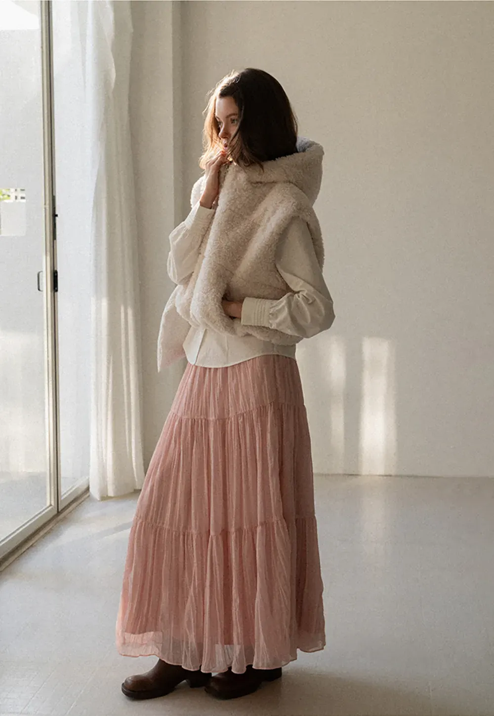 Faux Shearling Zip Vest in Beige