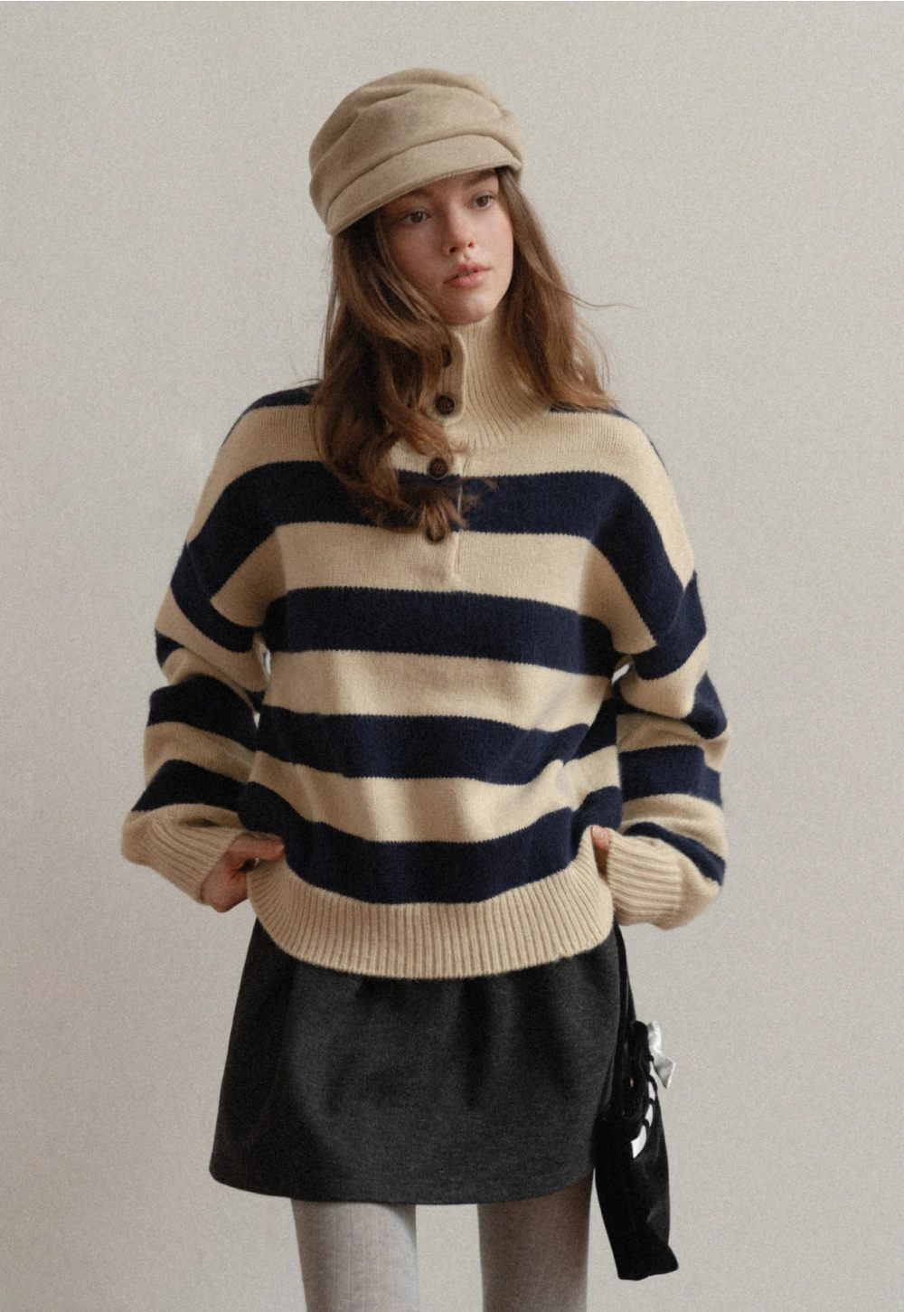 Striped Button-Down Sweater with Cozy Collar
