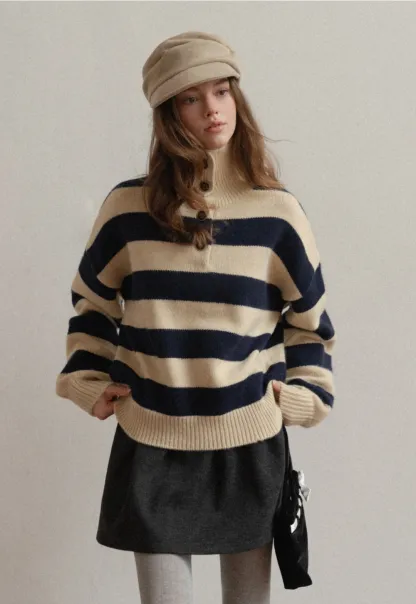 Striped Button-Down Sweater with Cozy Collar