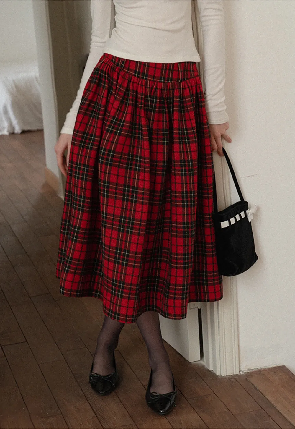 Plaid Midi Skirt with Elastic Waist for Women