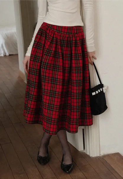 Plaid Midi Skirt with Elastic Waist for Women