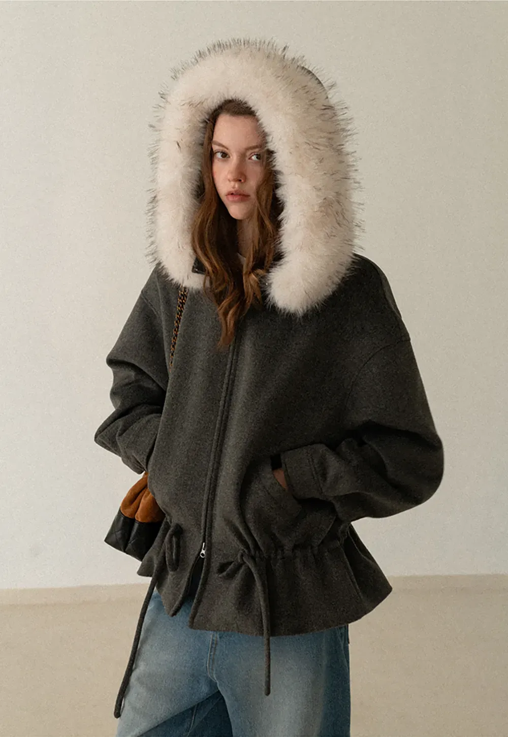 Faux-Fur Trim Hooded Charcoal Jacket