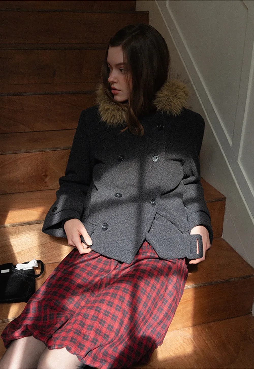 Hooded Wool Coat with Quilted Lining and Wool Collar