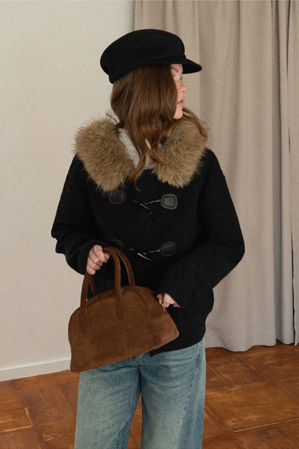 Faux Fur Hooded Cable Knit Sweater