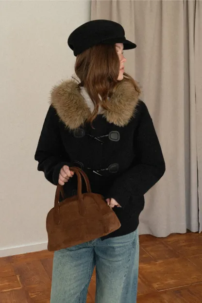 Faux Fur Hooded Cable Knit Sweater