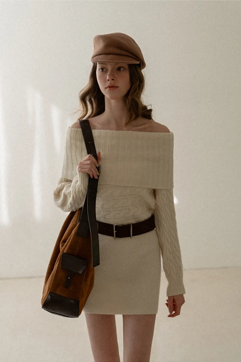 Off-Shoulder Cable Knit Waist-Cinching Dress