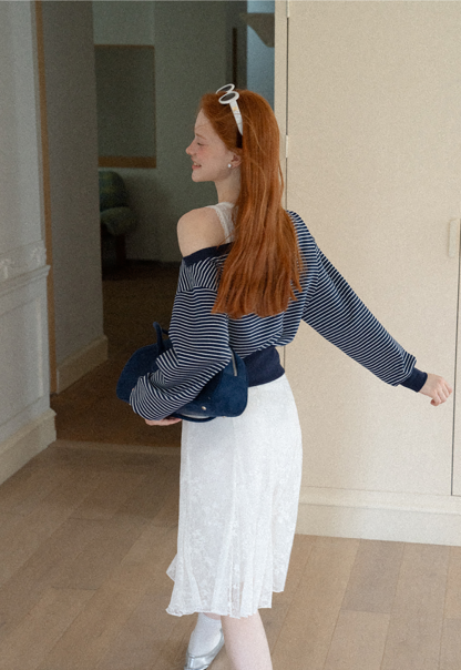 Off-the-Shoulder Striped Sweatshirt and Lace Tank Top Set
