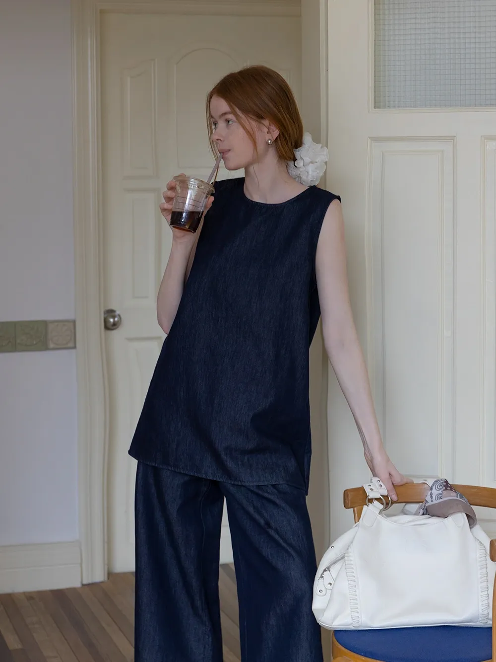 Sleeveless Denim Top and Wide-Leg Pants Set