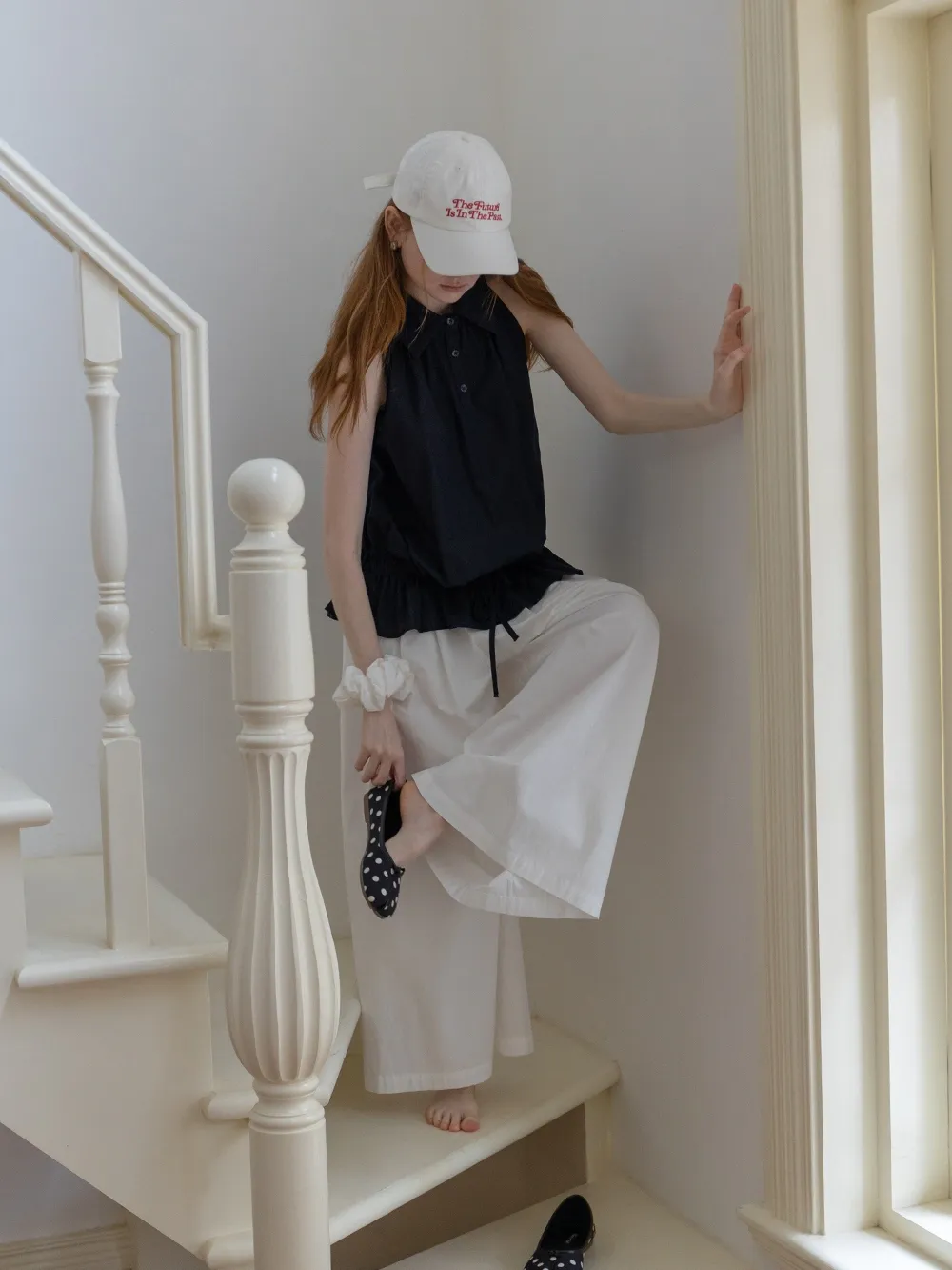 Drawstring Hem Sleeveless Collared Top