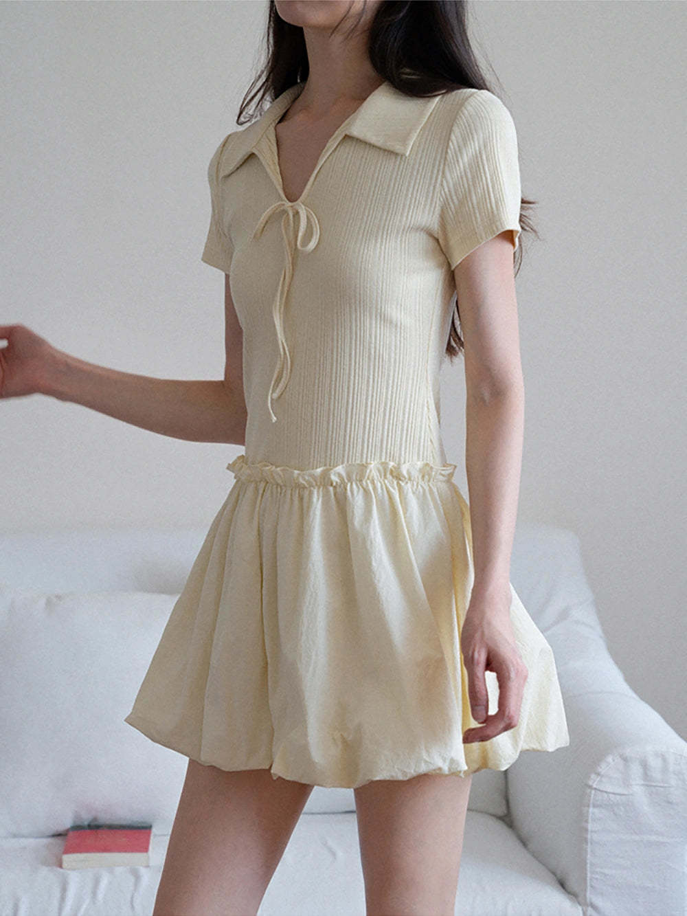 Women's Collared Knit Dress with Bow Tie and Ruffle Hem