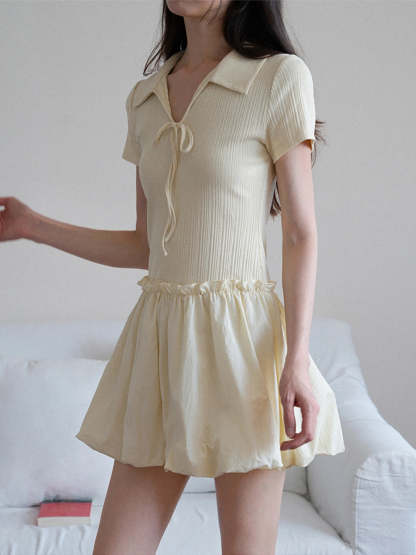 Women's Collared Knit Dress with Bow Tie and Ruffle Hem