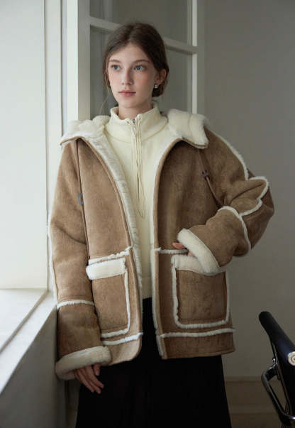 Women's Stand Collar Drawstring Faux Fur Lamb Wool Fleece Jacket