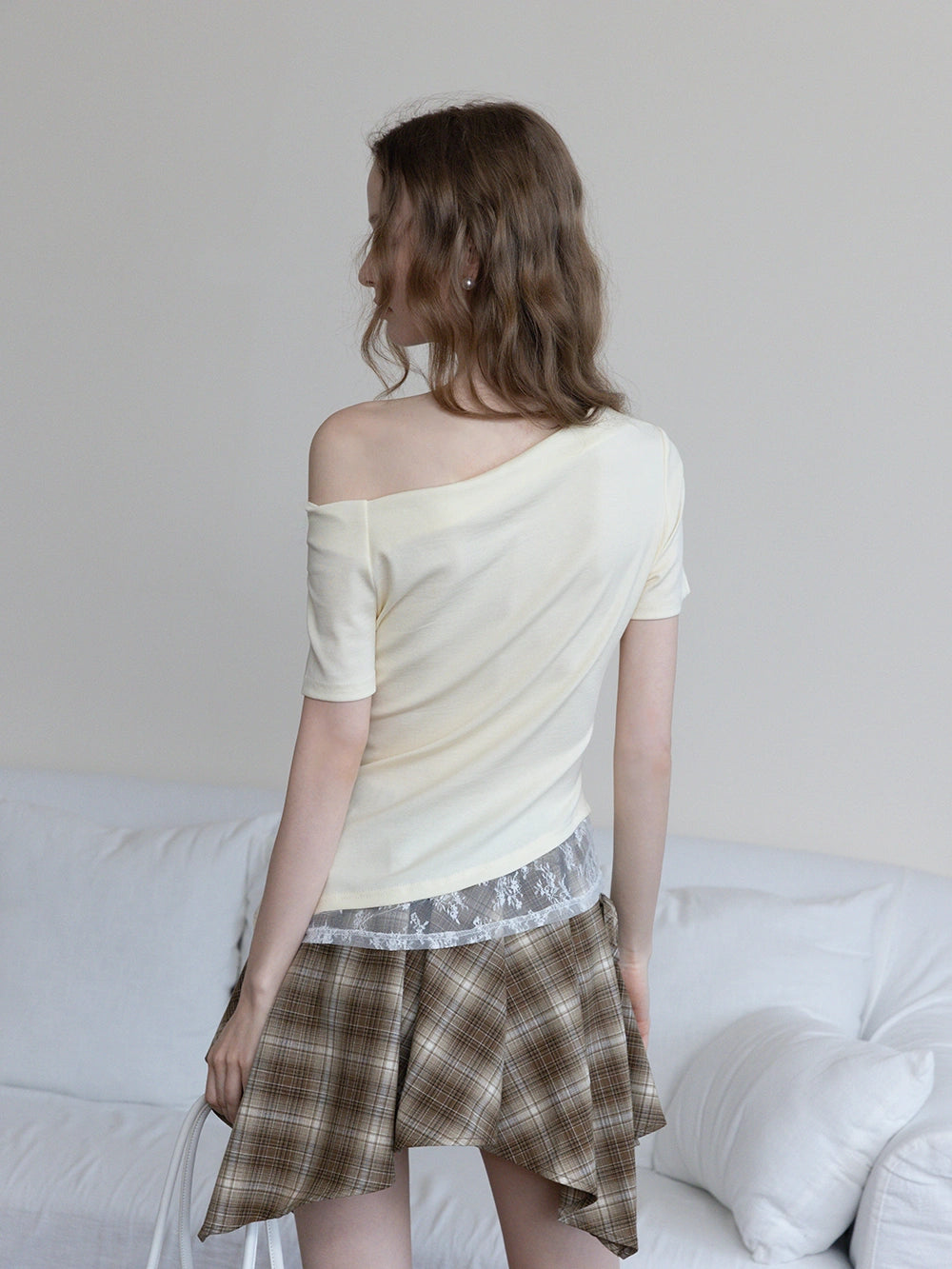 Asymmetrical Off-Shoulder Tee with Lace Hem