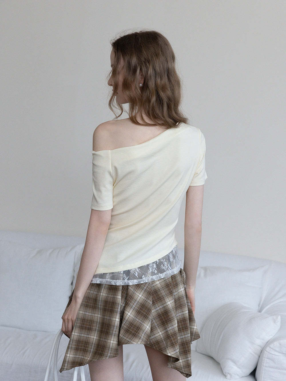 Asymmetrical Off-Shoulder Tee with Lace Hem