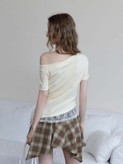 Asymmetrical Off-Shoulder Tee with Lace Hem