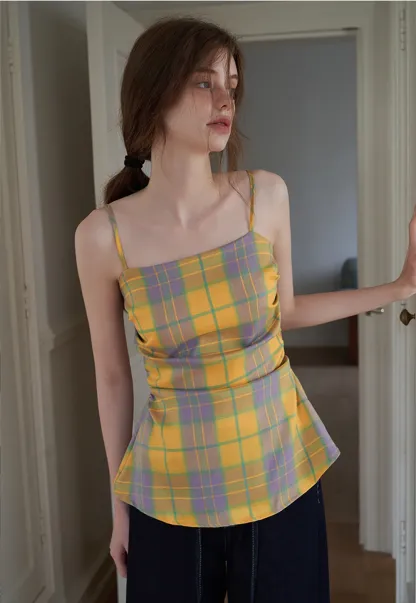 Women's Contrast Plaid Waist-Cinching Cami Top