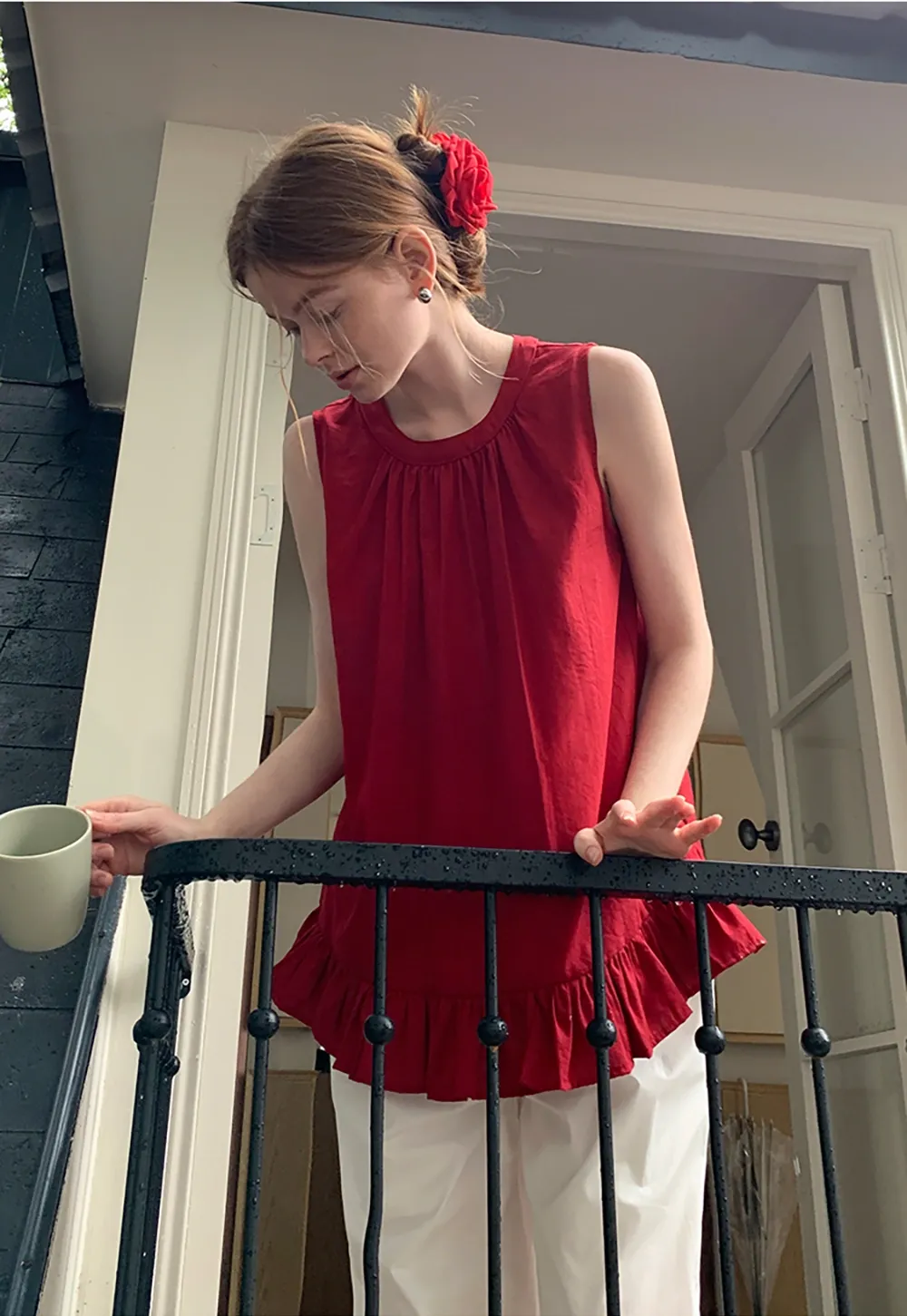 Women’s Sleeveless Ruffle Hem Top with Back Bow Tie