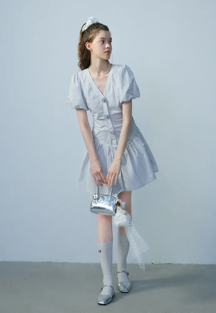 Women's V-Neck Puff Sleeve Mini Dress