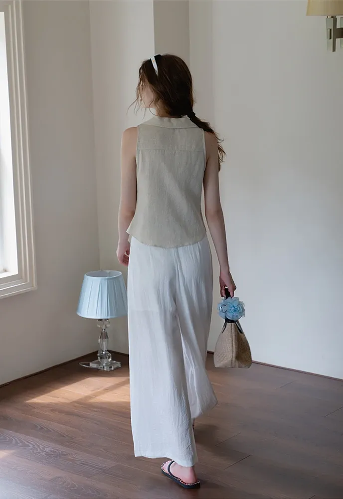 Women’s Linen Collared Button-Front Sleeveless Top