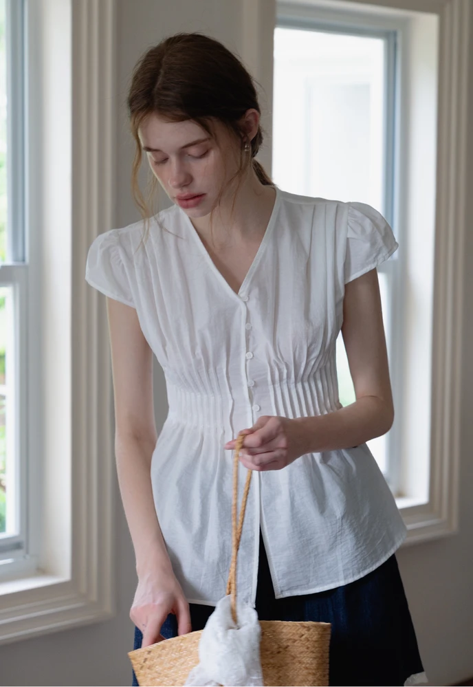 Women’s Pleated V-Neck Button Peplum Blouse