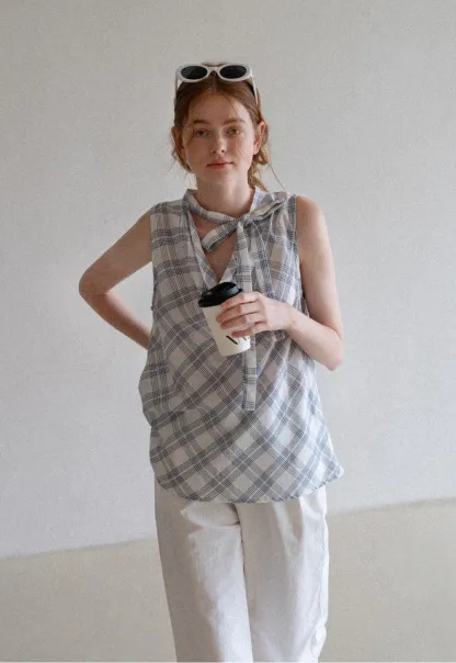 Plaid Bow Sleeveless Top
