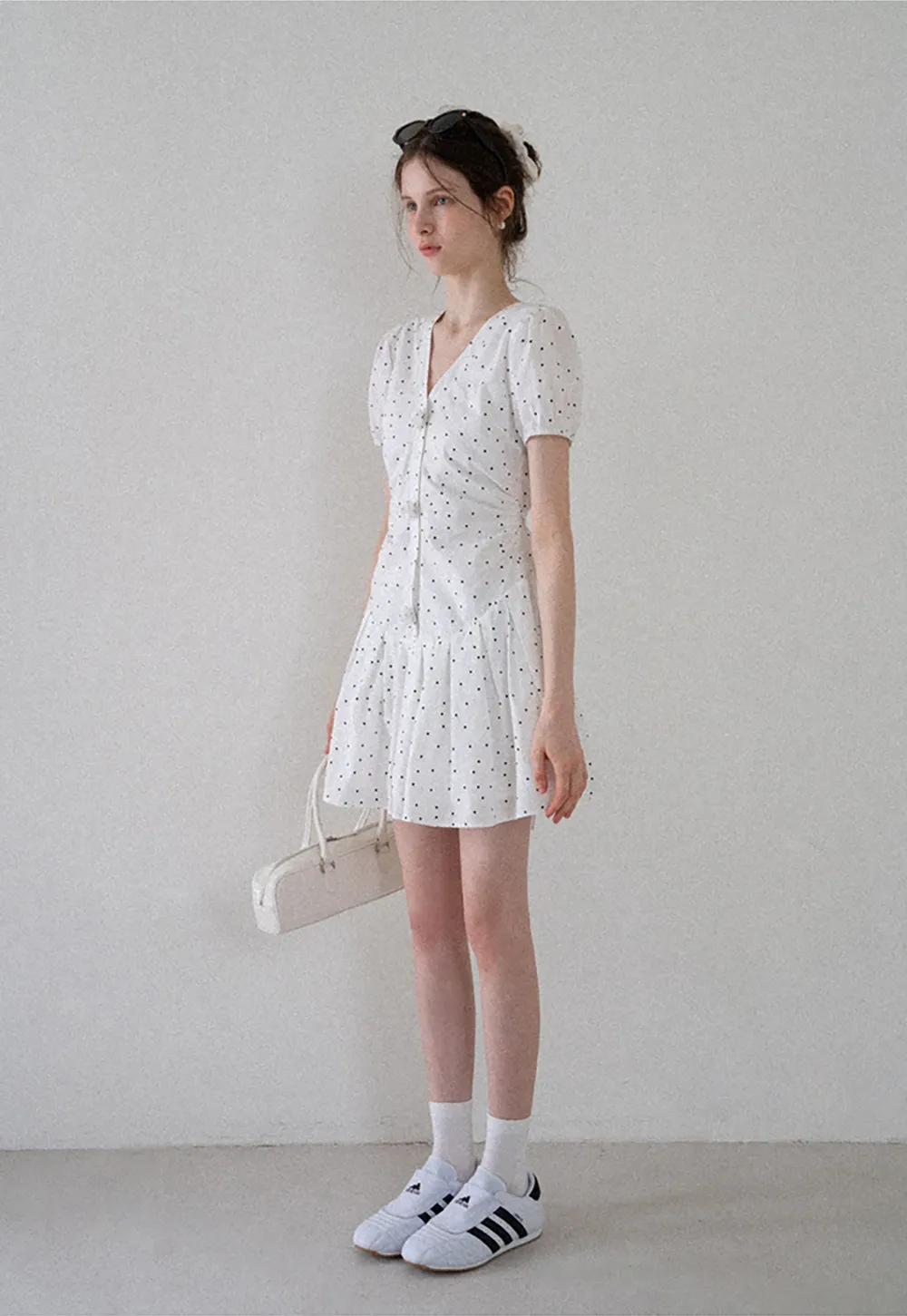 Women’s Polka Dot Ruched Button Mini Dress