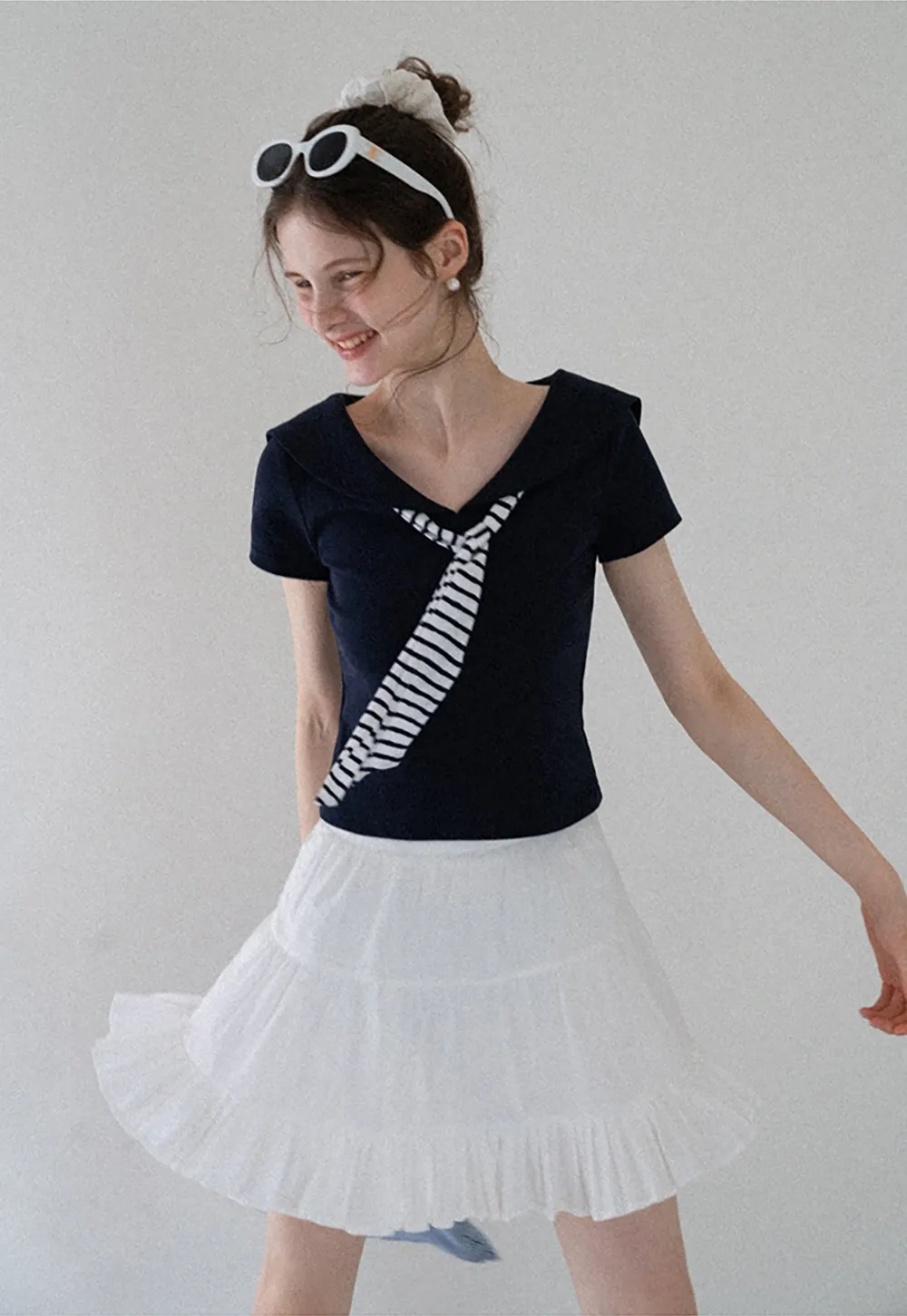 Sailor Collar Striped-Tie Tee
