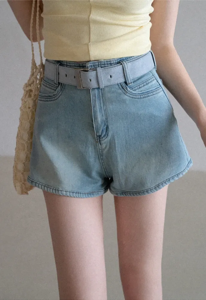 Belted High-Waist Denim Shorts