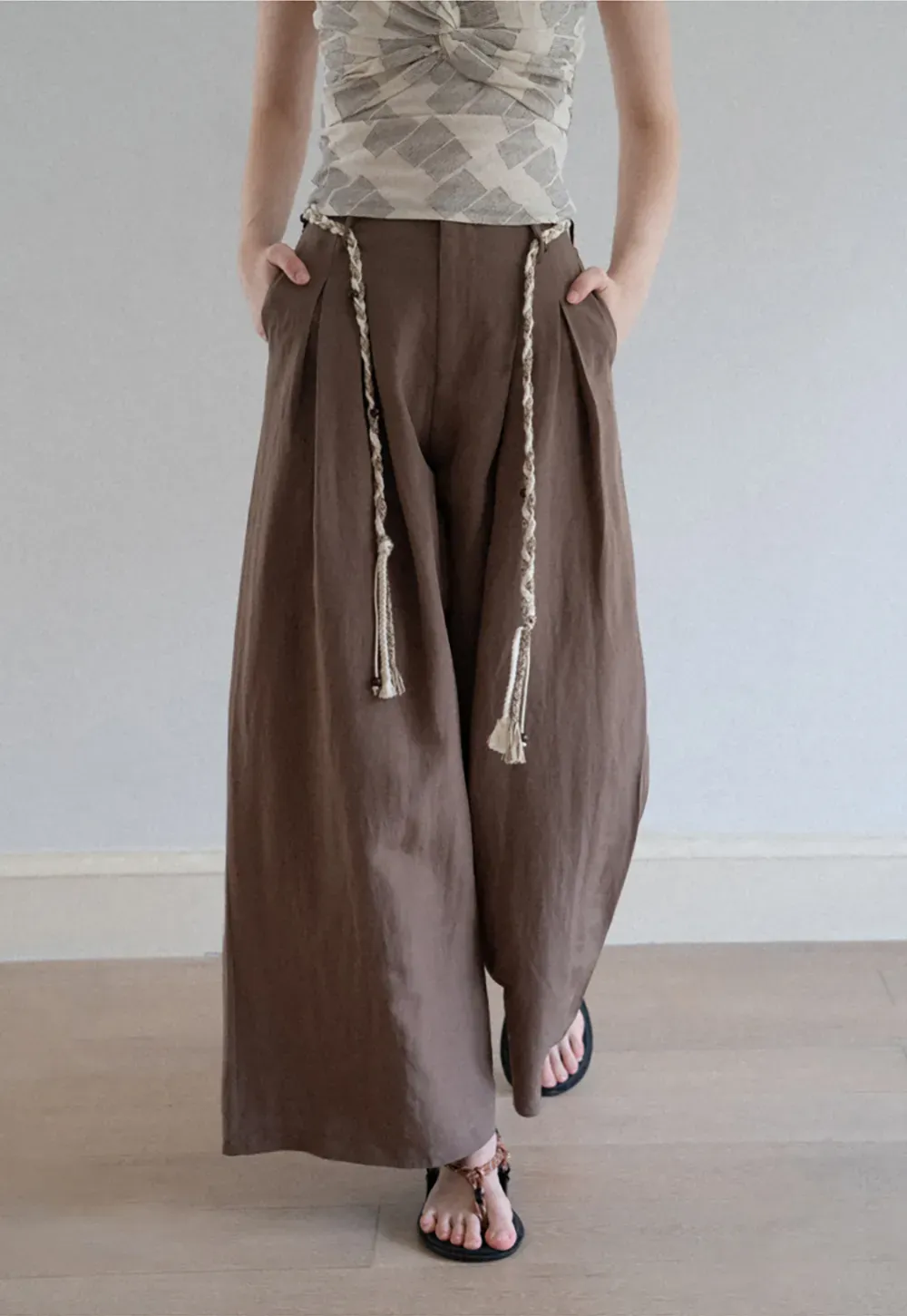 Wide Leg Pants with Braided Rope Belt