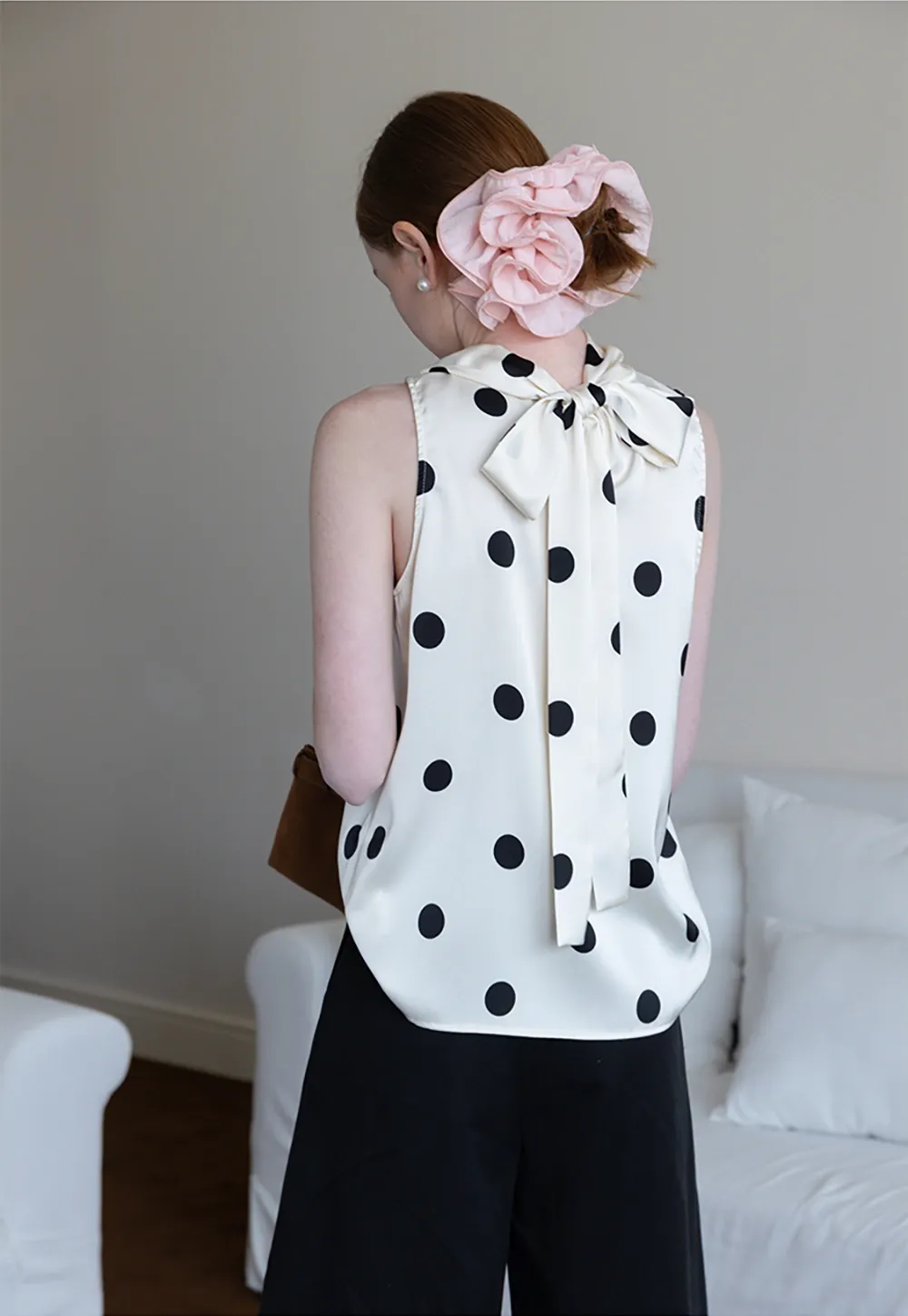 Women's Sleeveless Polka Dot Blouse with Scarf Detail
