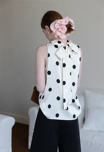 Women's Sleeveless Polka Dot Blouse with Scarf Detail