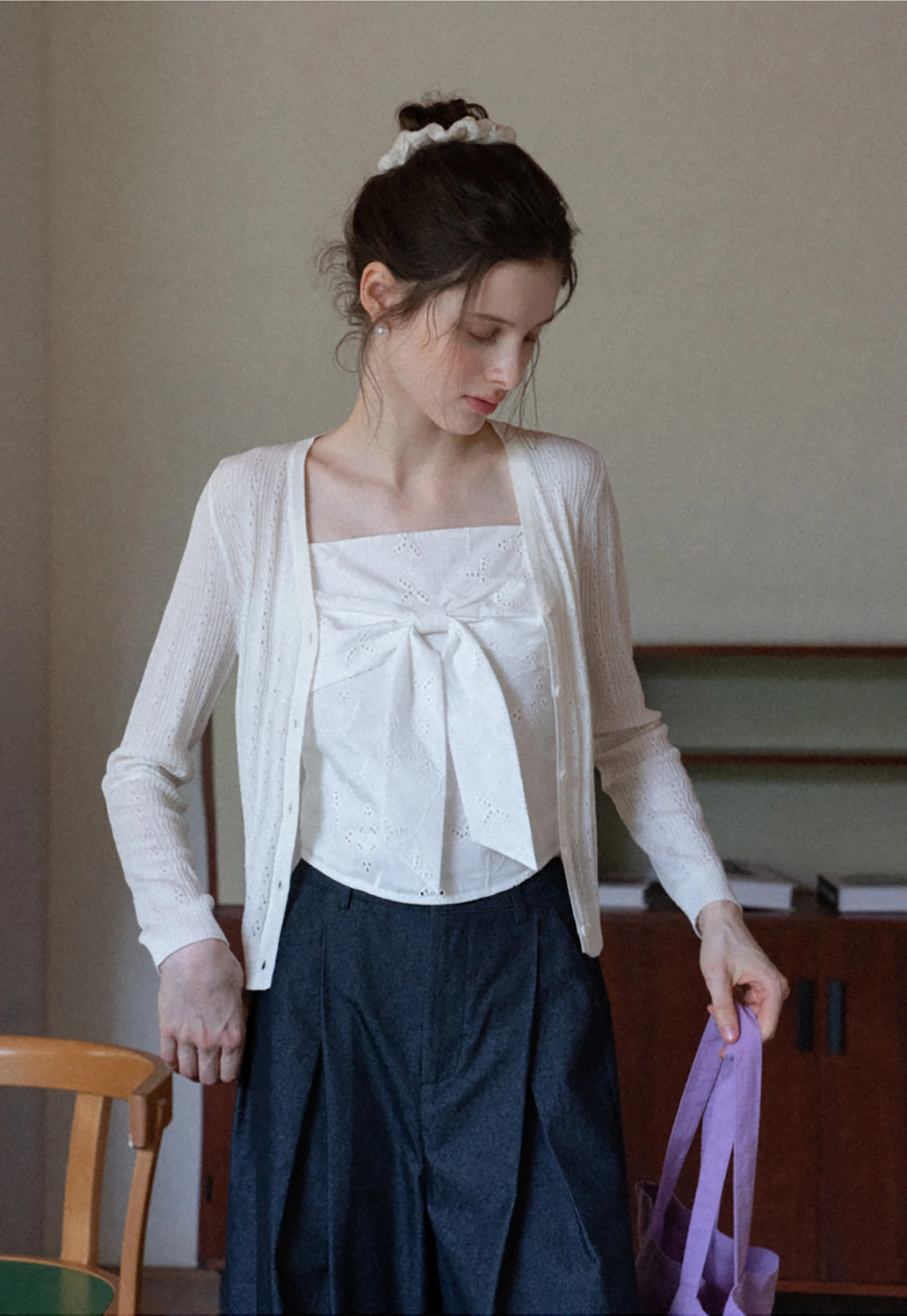 Pointelle Knit V-Neck Cardigan