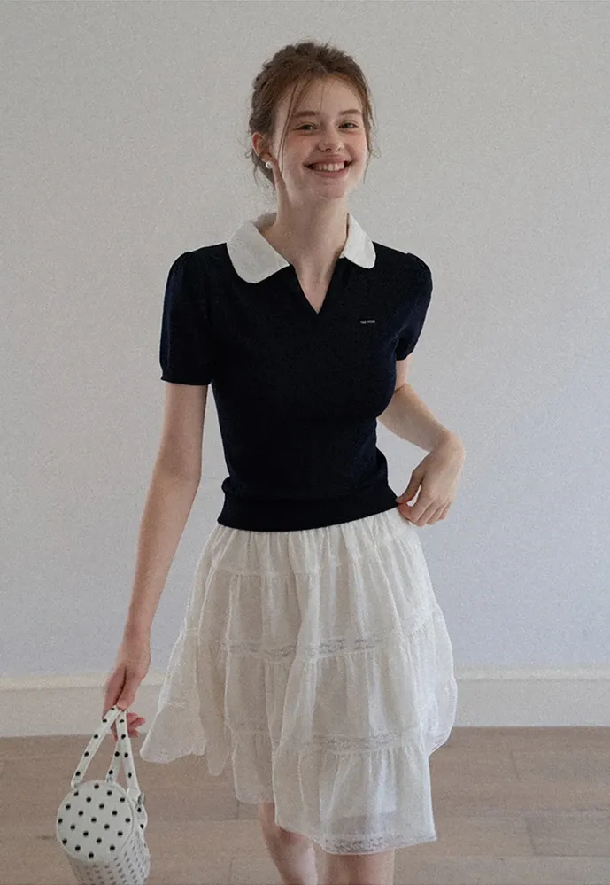 Women Contrast Collar Knit Polo Top