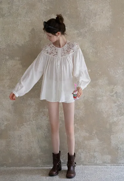 Women Lace Yoke Bishop Sleeve Button Down Blouse