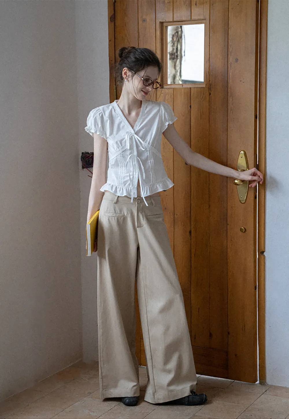 Women's Puff Sleeve Back Tie Blouse with Lace Trim