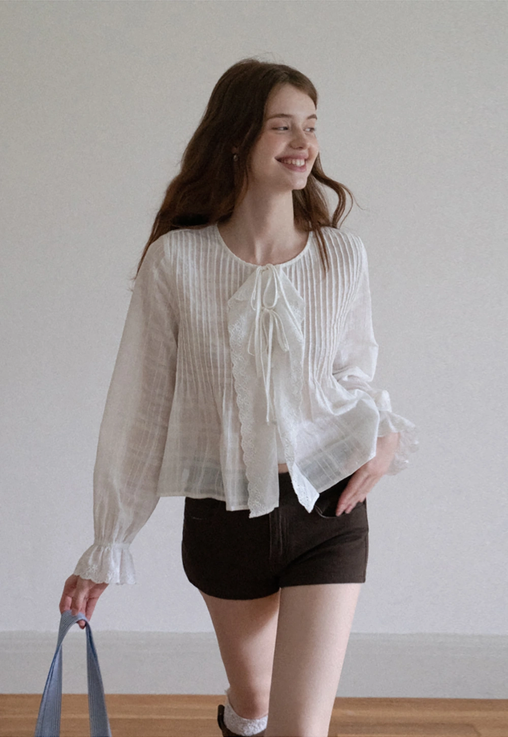 Women's Sheer Lace Tie Front Long Sleeve Blouse