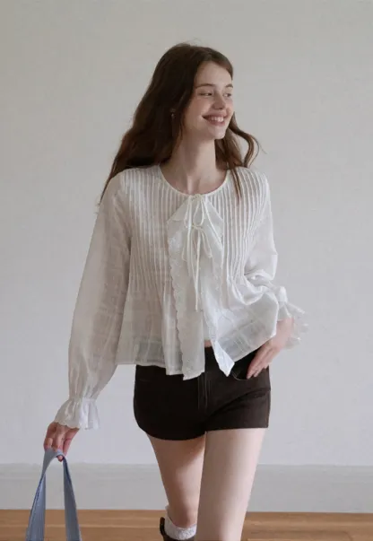 Women's Sheer Lace Tie Front Long Sleeve Blouse