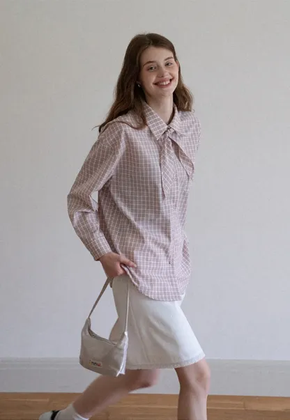 Women Plaid Tie‑Neck Shirt