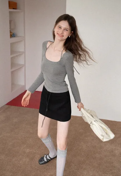 Women's Tie-Front Cutout Long-Sleeve Top