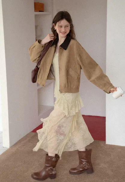 Women's Contrast Collar Faux-Suede Bomber Jacket