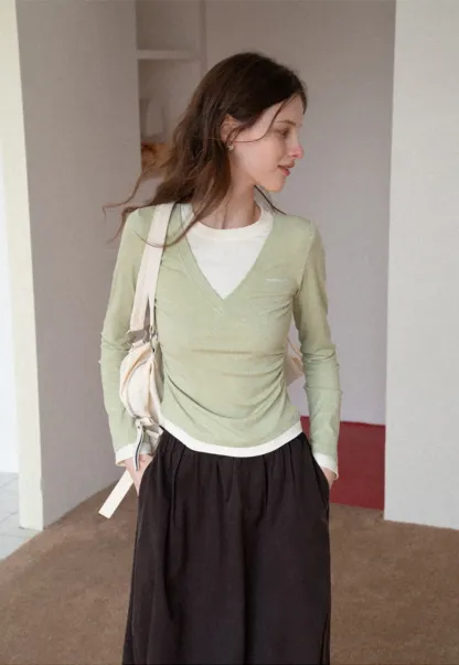 Women's Layered V-Neck Ruched Long Sleeve Top