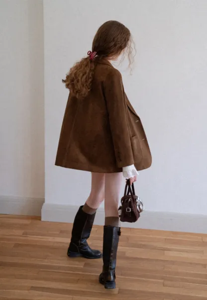 Faux Suede Blazer Jacket for Women with Pockets