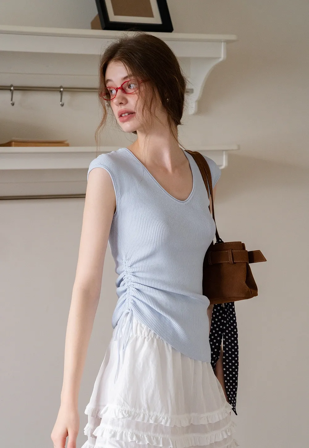 Side-Tie V-Neck Ribbed Top