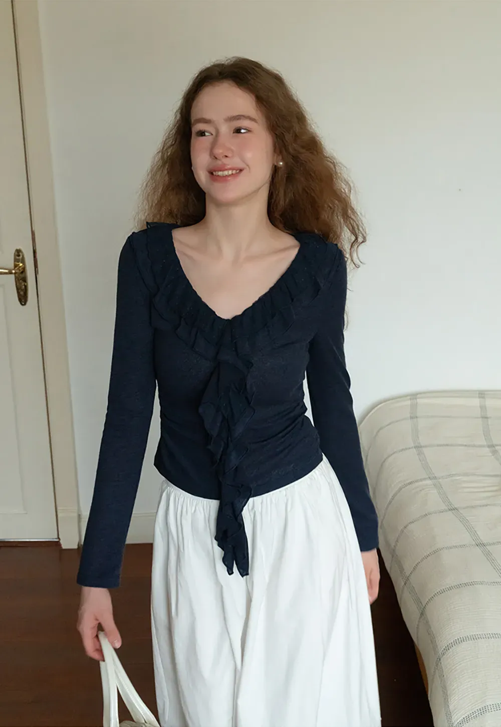 Ruffled V-Neck Long Sleeve Top