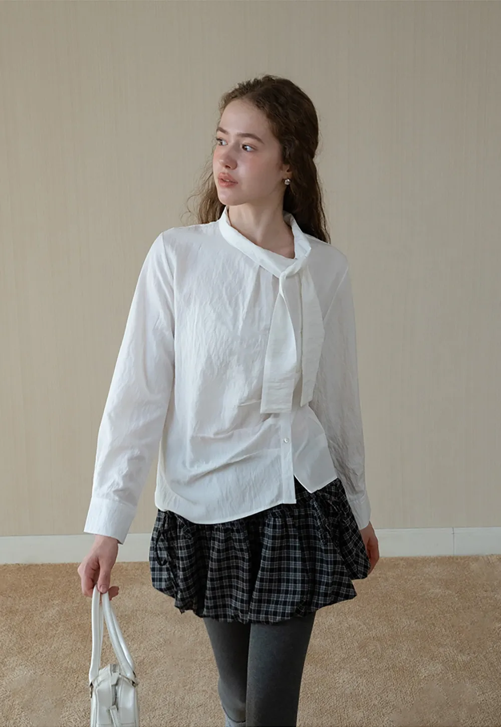 Womens Gingham Bow Tie Blouse Long Sleeve Shirt