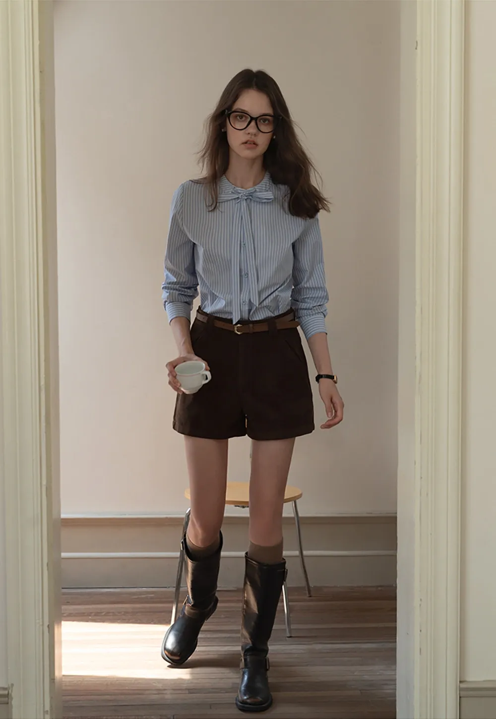 Striped Bow Tie Neck Long Sleeve Blouse