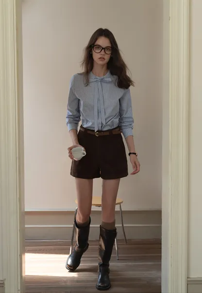 Striped Bow Tie Neck Long Sleeve Blouse