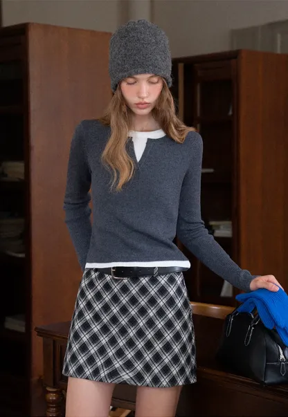 Contrast Layered Knit Long Sleeve Top