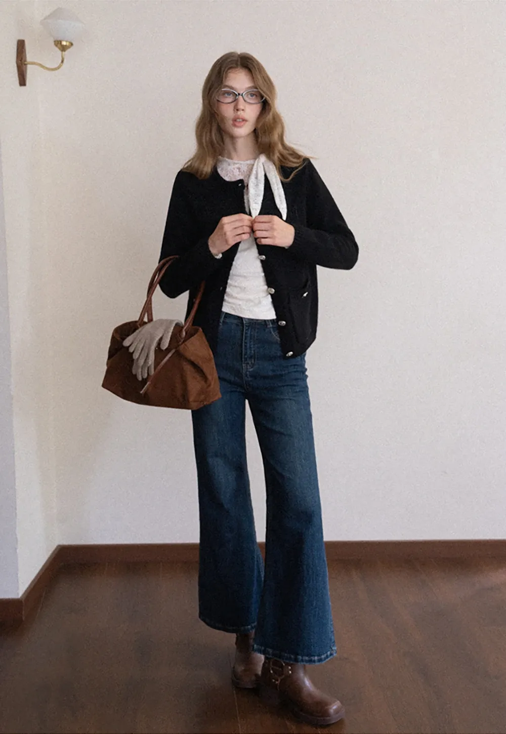 Crew Neck Knit Cardigan with Pockets